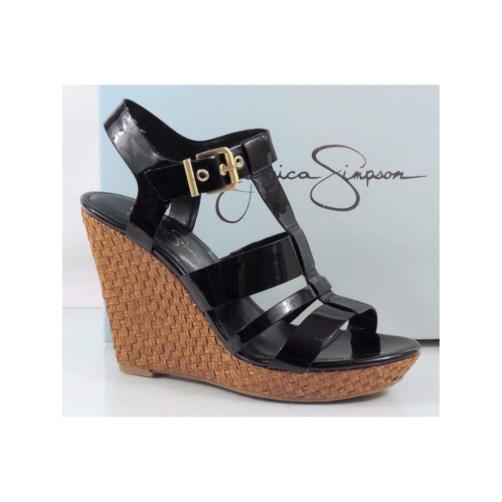 Jessica Simpson Casie 2 Platform Wedge Sandal Heels Black Patent Size 10